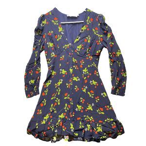 ASTR The Label Dress Women Medium Navy AOP Cherry Viscose Fit Flare Boho Peasant